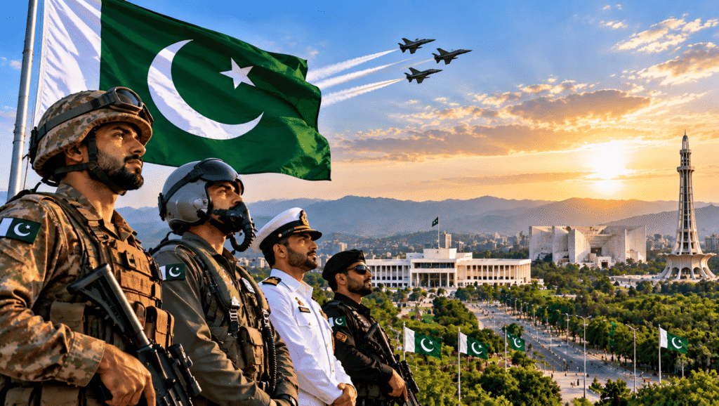 Symbolic illustration of Pakistan’s Armed Forces, national flag, Parliament, Supreme Court and Minar-e-Pakistan, representing sovereignty, national security and the rule of law.