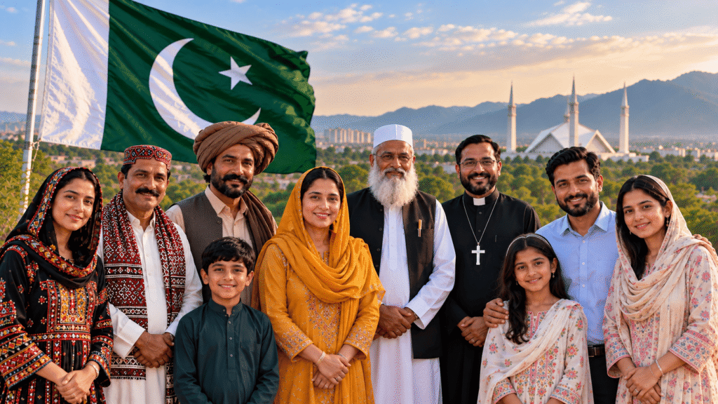Illustration of diverse Pakistani communities and religious leaders standing together, representing national unity, religious harmony, equal rights and peaceful coexistence.