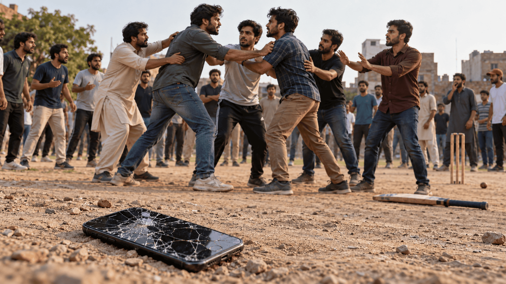Illustration of young men scuffling on a cricket ground, with a broken smartphone in the foreground.