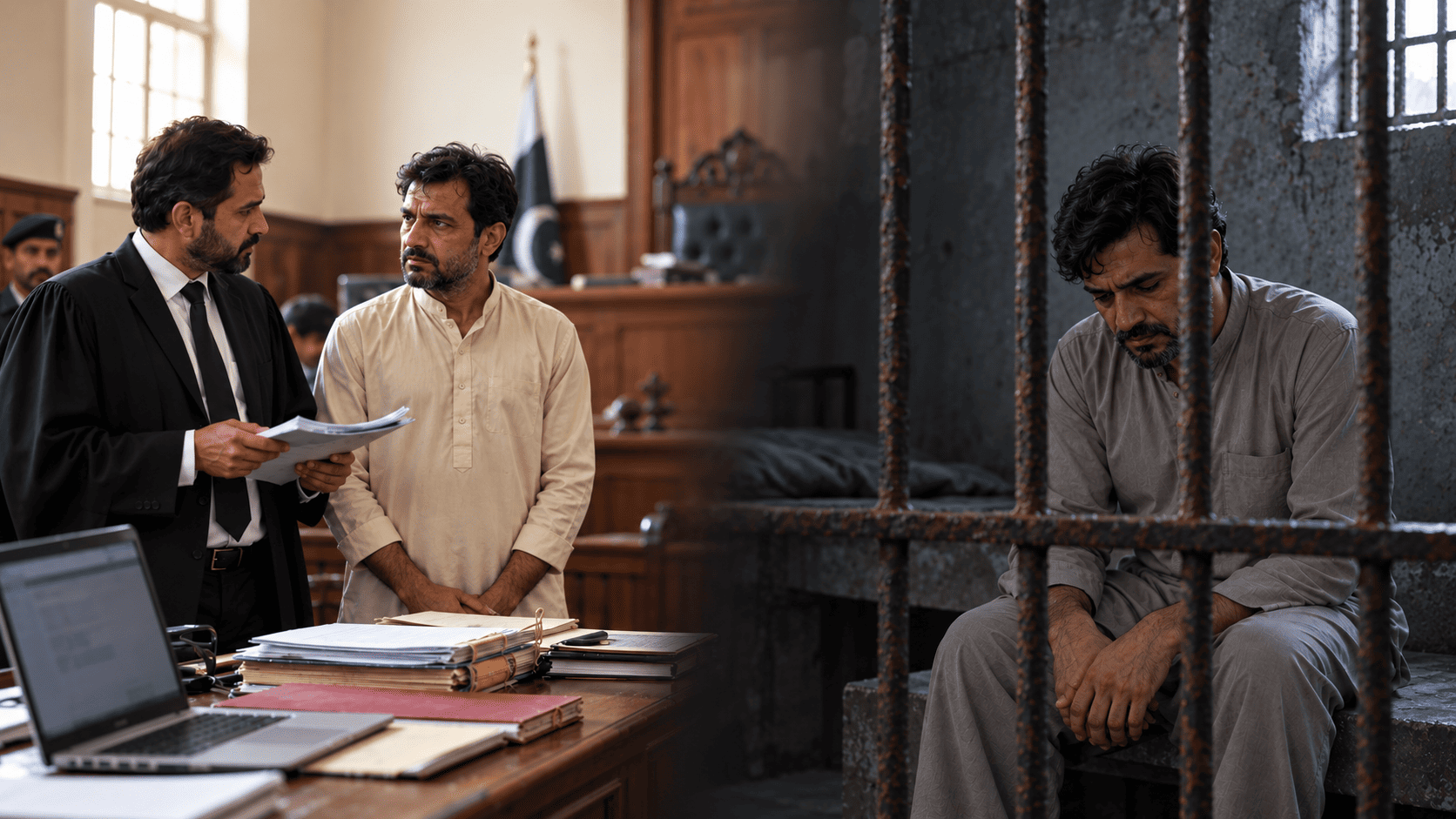 AI-generated montage of a man speaking with a lawyer in a courtroom and another sitting with his head lowered inside a prison cell.