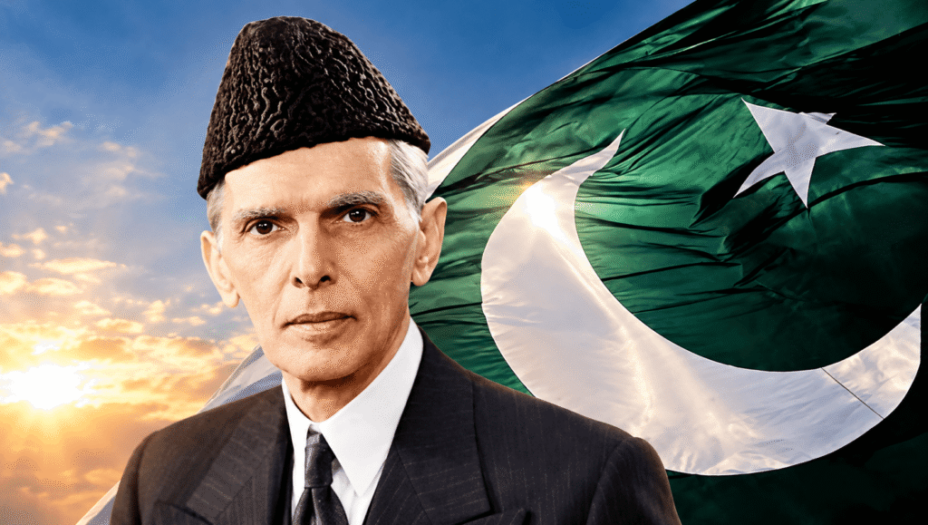 Artistic portrait of Quaid-e-Azam Muhammad Ali Jinnah with Pakistan’s national flag, symbolizing national unity, peace, equality and prosperity.