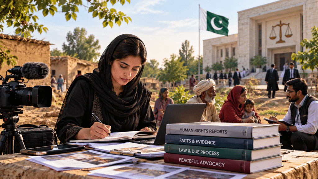 AI-generated editorial image of a Pakistani woman documenting human rights concerns, with reporting equipment, evidence records and community members, representing responsible publication and peaceful advocacy.