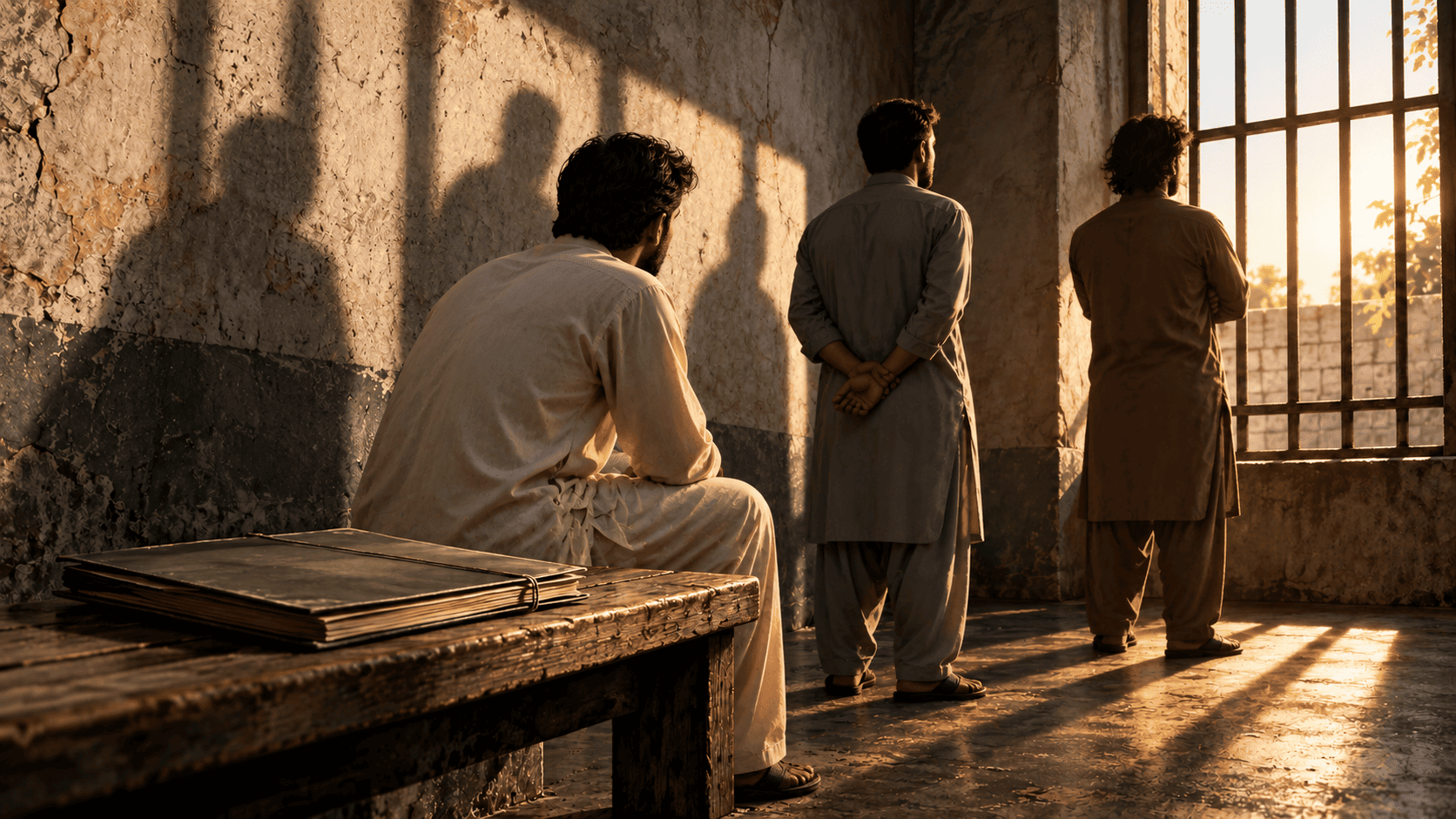 Three symbolic figures in a prison room illustrating prolonged detention in the Rohan Ahmad, Usman Ahmad and Tariq Ahmad Shehzad case.