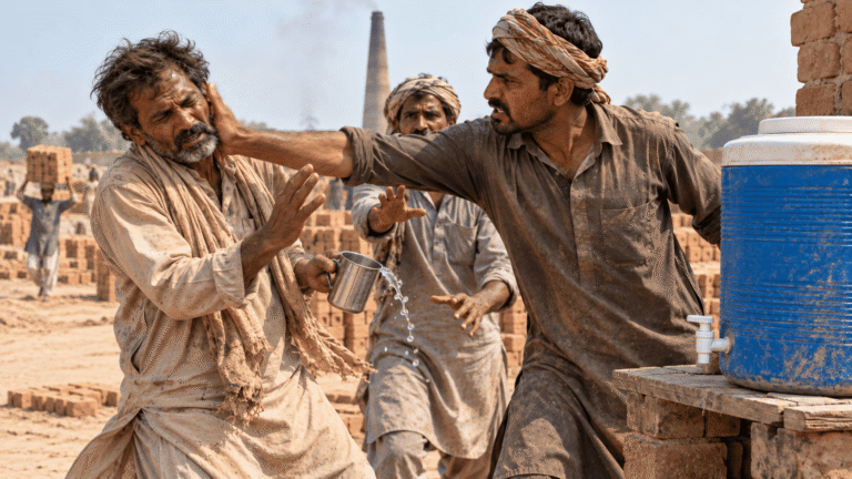 AI-generated illustration of a worker striking another man holding a metal cup beside a blue water cooler at a brick kiln.