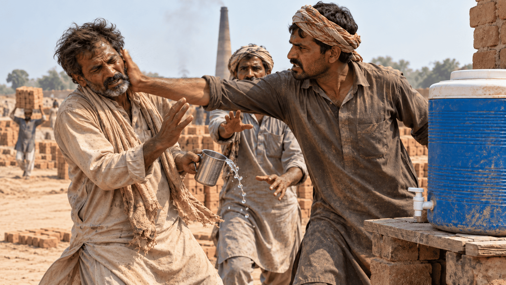 AI-generated illustration of a worker striking another man holding a metal cup beside a blue water cooler at a brick kiln.