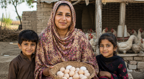 Pakistani woman holding fresh eggs from her poultry business with her children, demonstrating how sustainable livelihoods help families escape poverty through small-scale poultry farming.